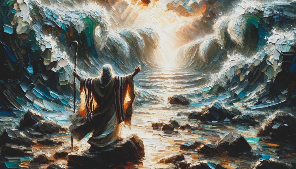 Moses parts the Red Sea (by God's power)